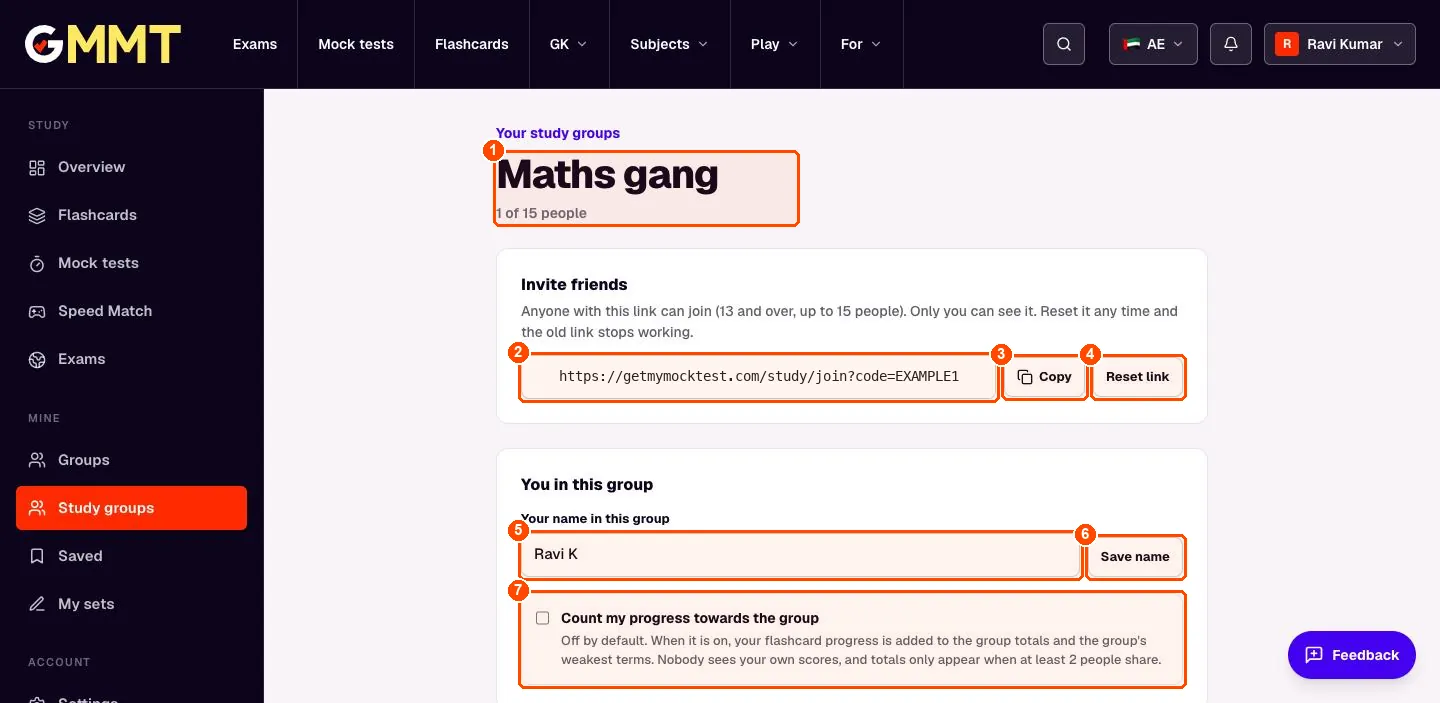 Study group Maths gang showing the invite link with Copy and Reset link buttons