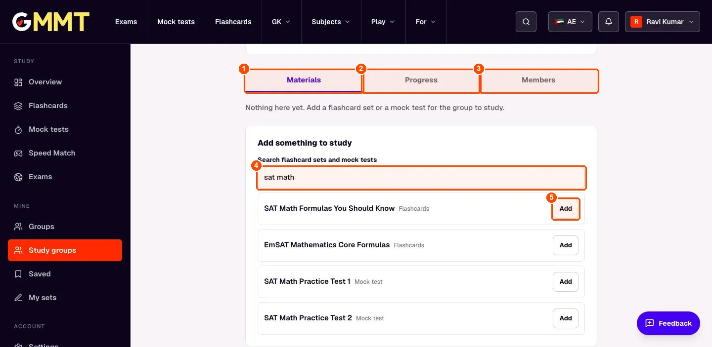 Study group Materials tab with a search box and four results with Add buttons