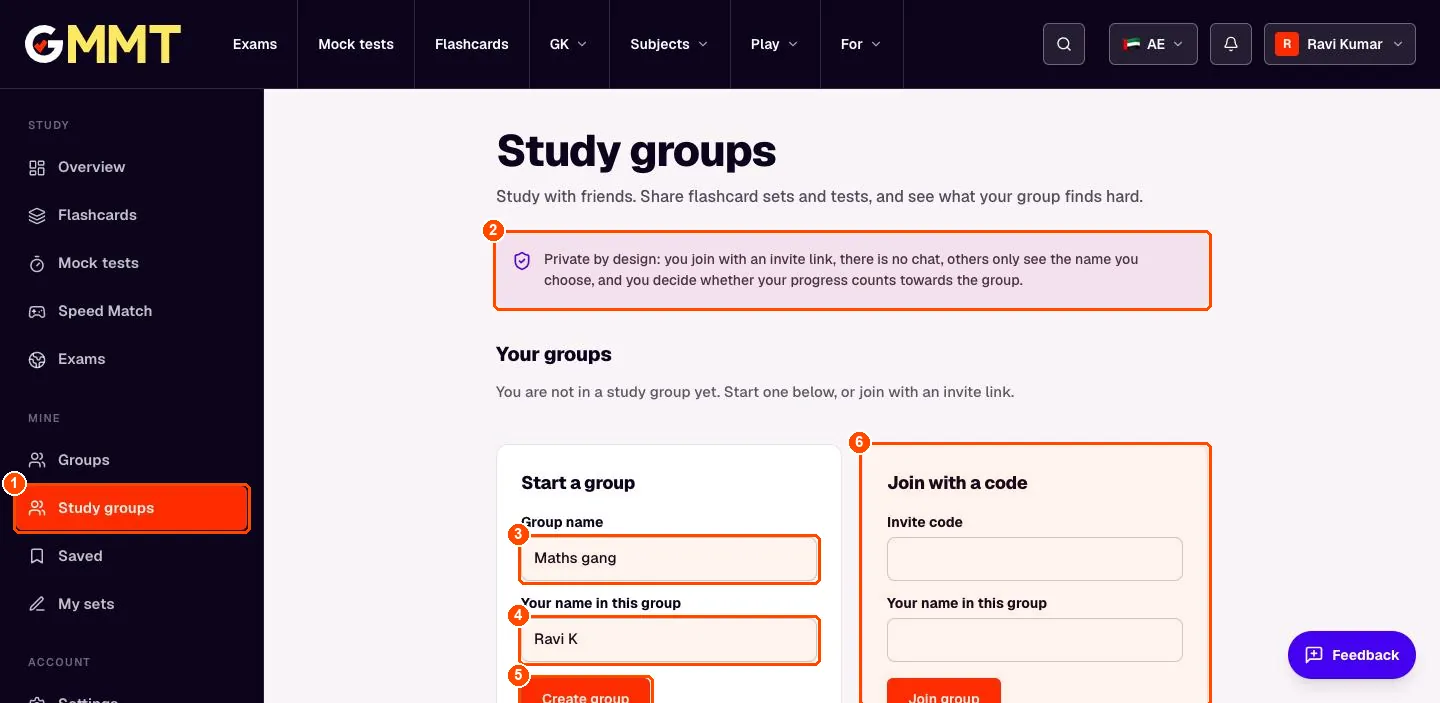 Study groups page with a group name Maths gang and the nickname Ravi K typed in