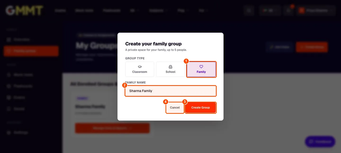 Create your family group dialog with Family selected and the name Sharma Family