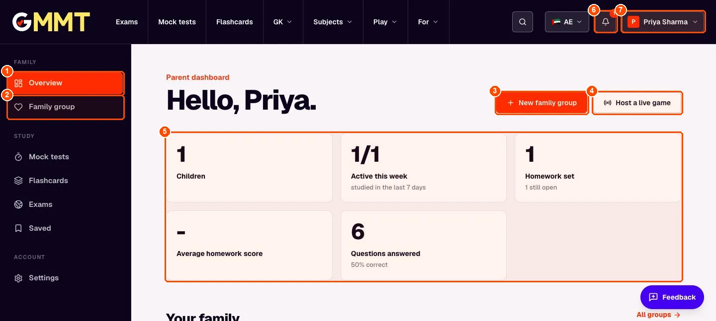 Parent dashboard with the left menu, two action buttons and summary tiles