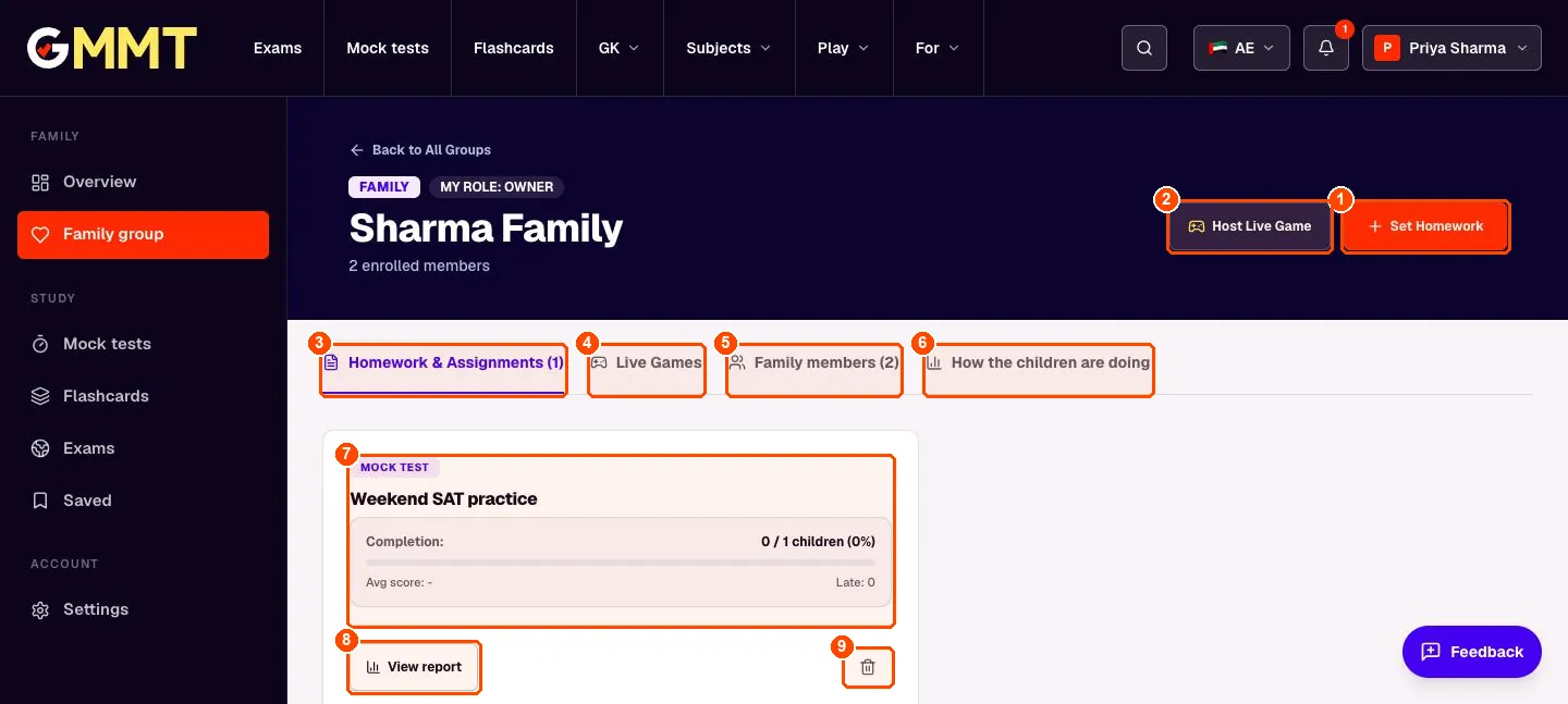 Sharma Family group page with four tabs, two buttons and a homework card