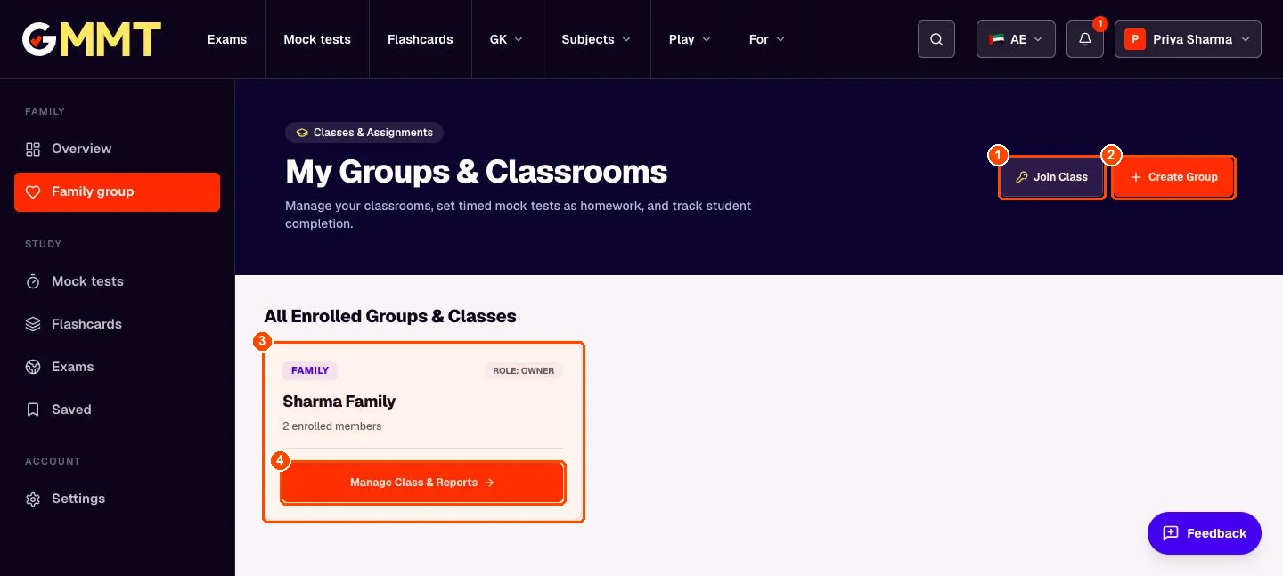My Groups and Classrooms page with one family group card