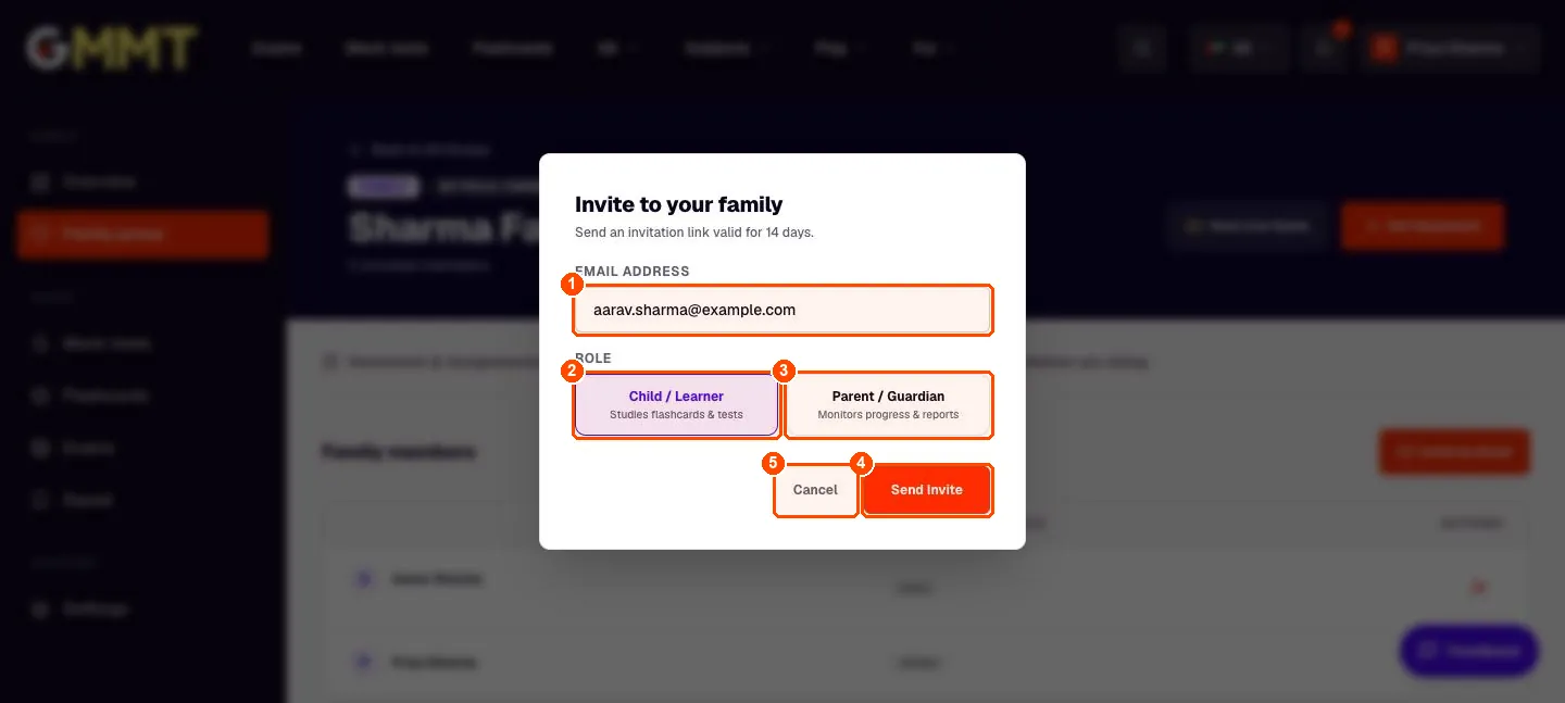 Invite to your family dialog with a child email and the Child role selected
