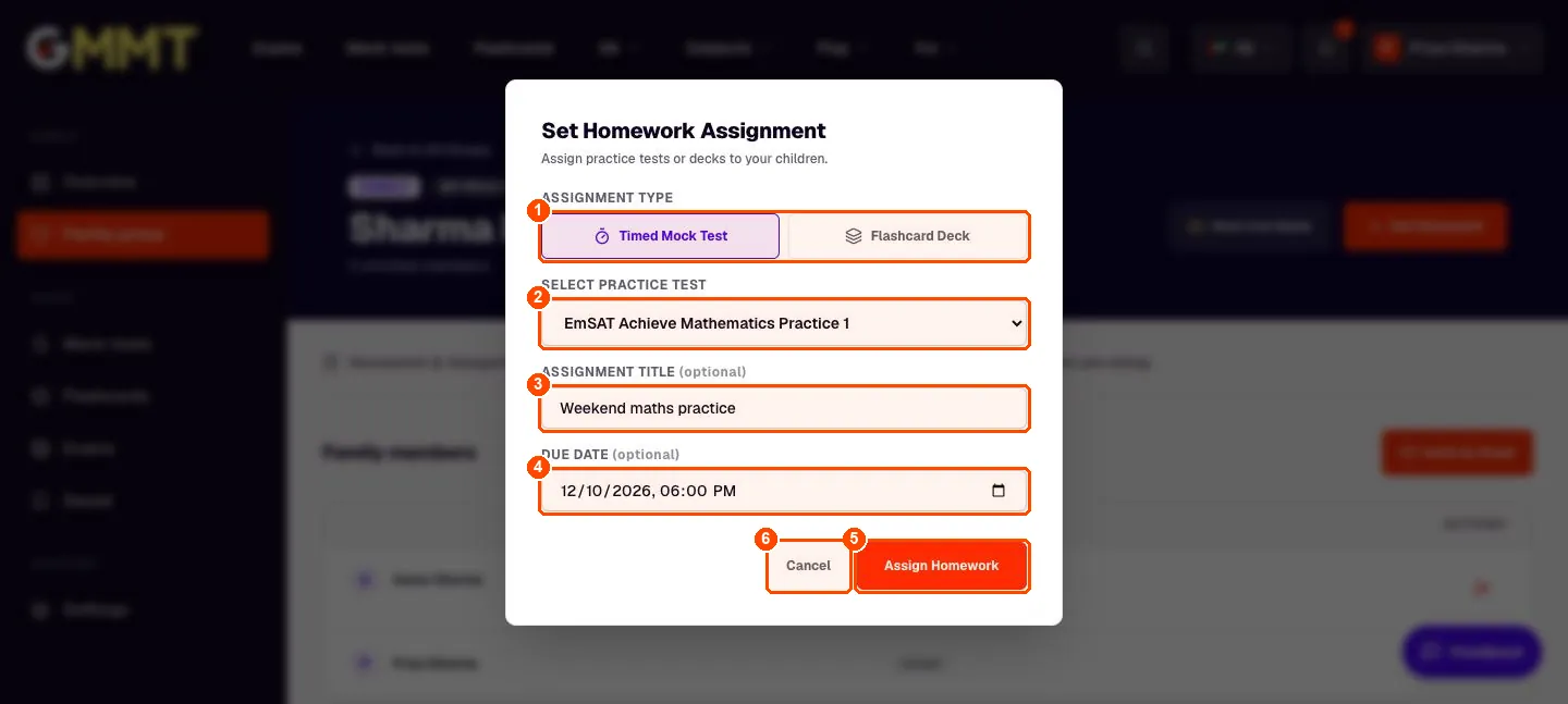 Set Homework Assignment dialog with a mock test, a title and a due date