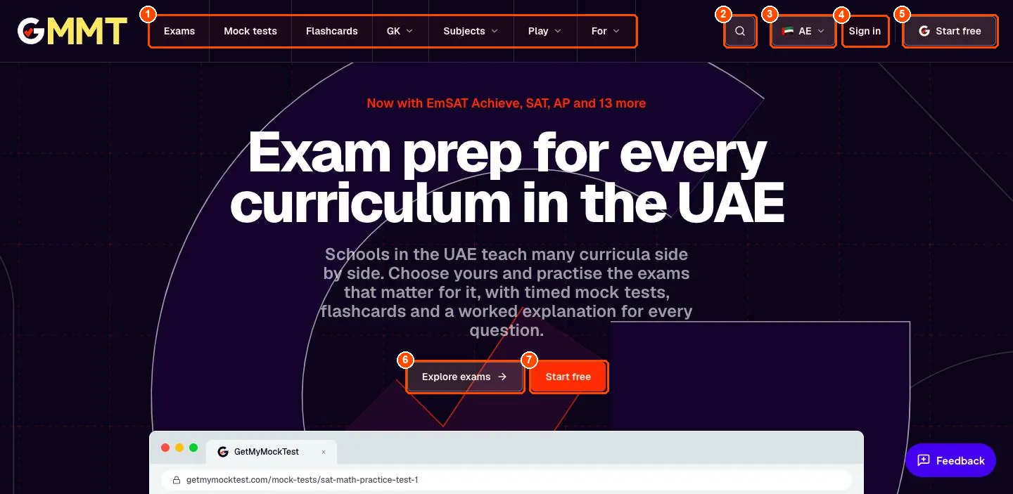 The home page for the UAE with the top menu, country selector, Sign in and Start free buttons