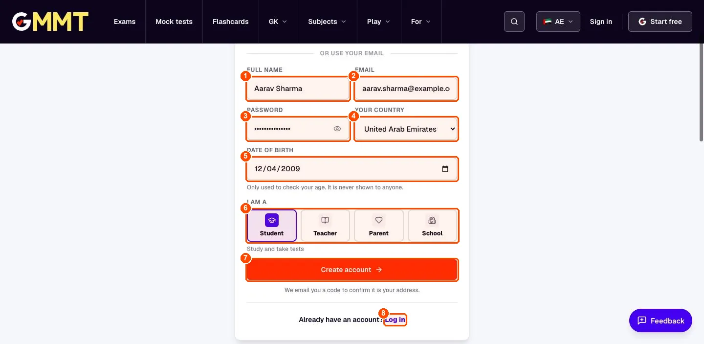 The sign-up form filled with example details, Student selected