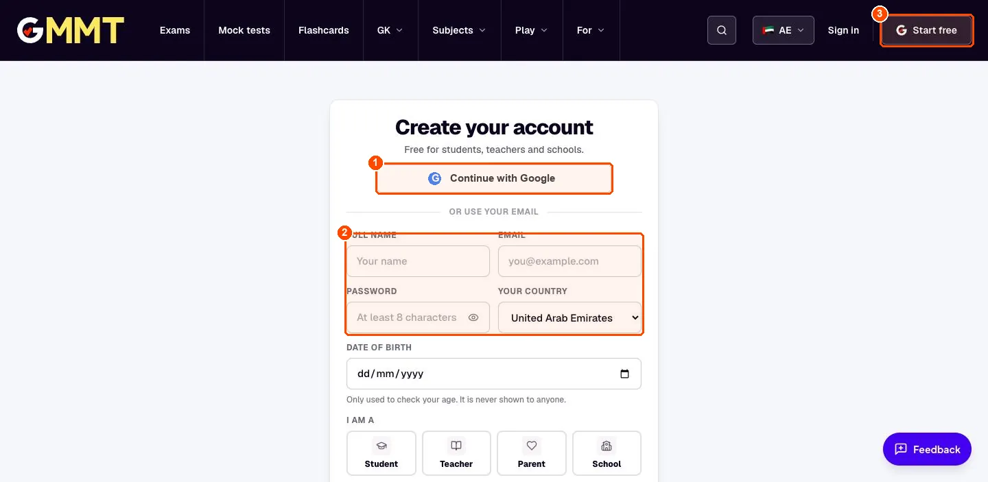 The top of the sign-up page with the Continue with Google button
