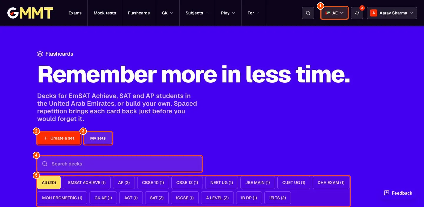 Flashcards page with search box, exam filters and Create a set button