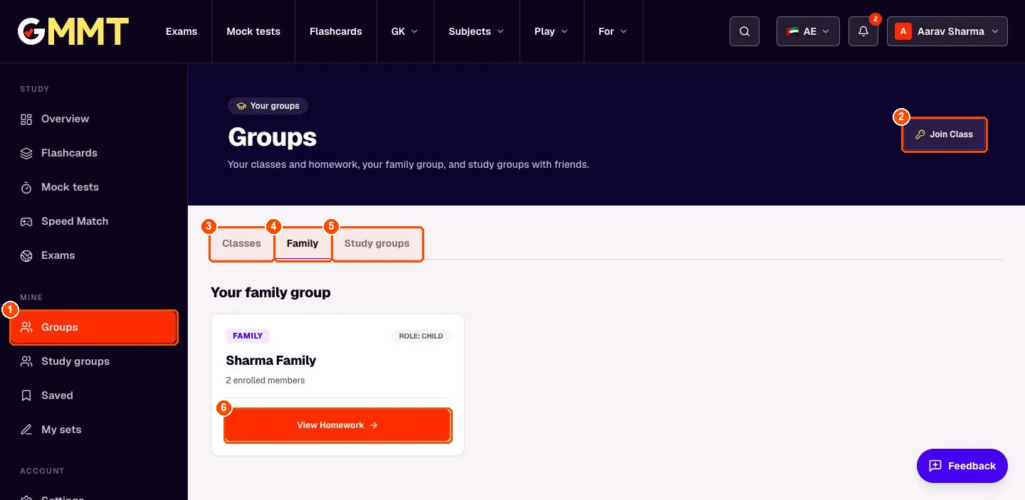 Student Groups page with the Classes, Family and Study groups tabs and a Sharma Family card