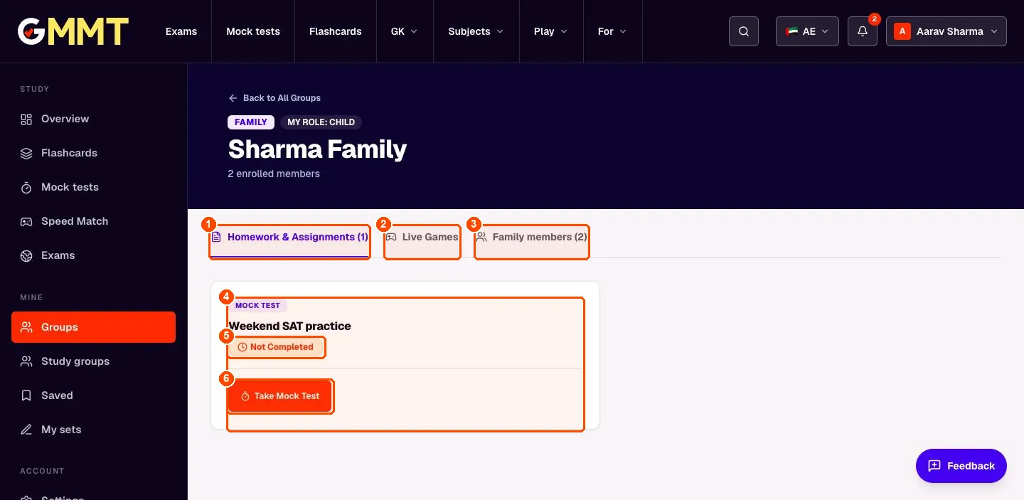 Family group page as a child with one homework card marked Not Completed and a Take Mock Test button