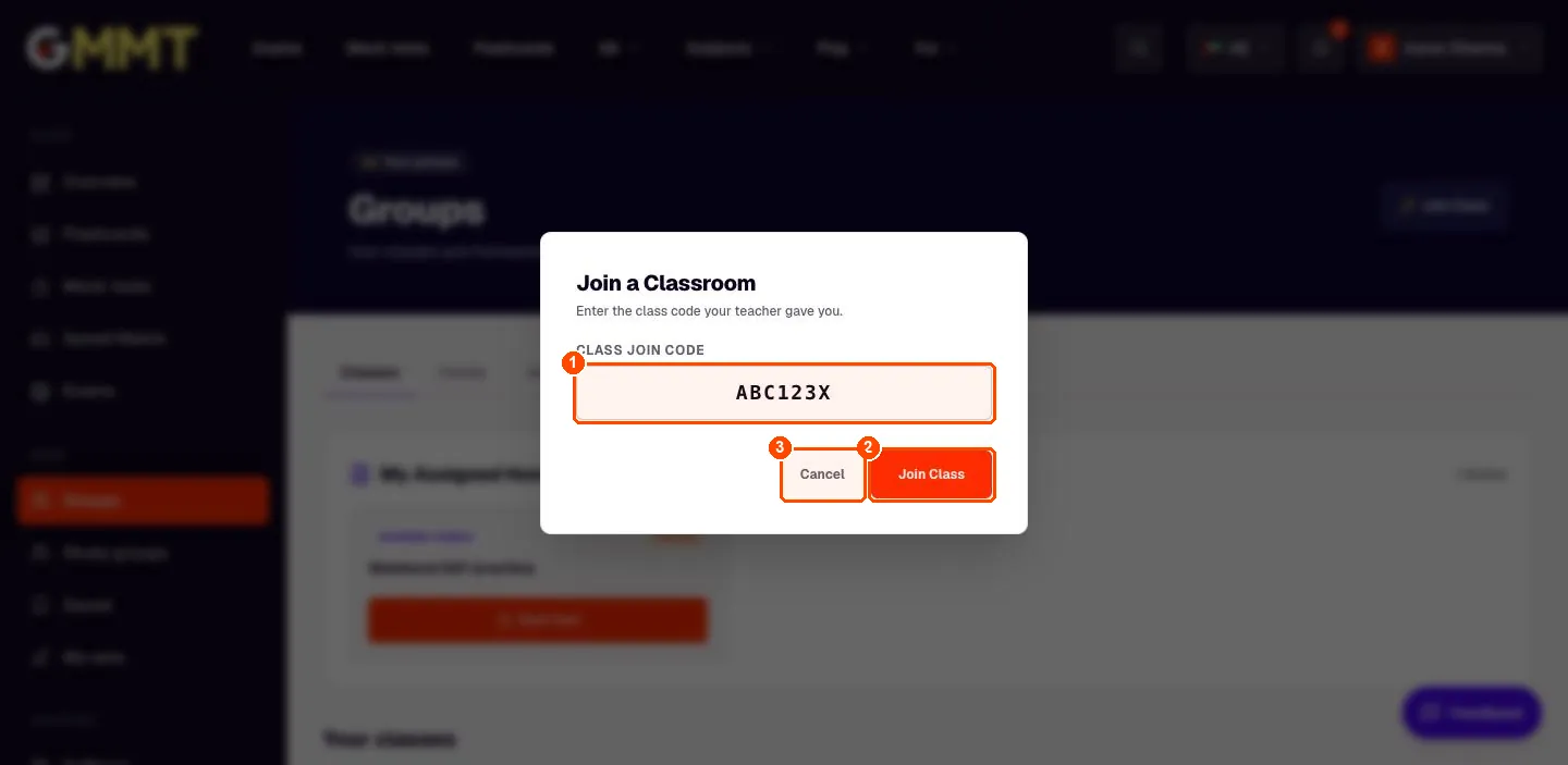 Join a Classroom dialog with a class join code typed in