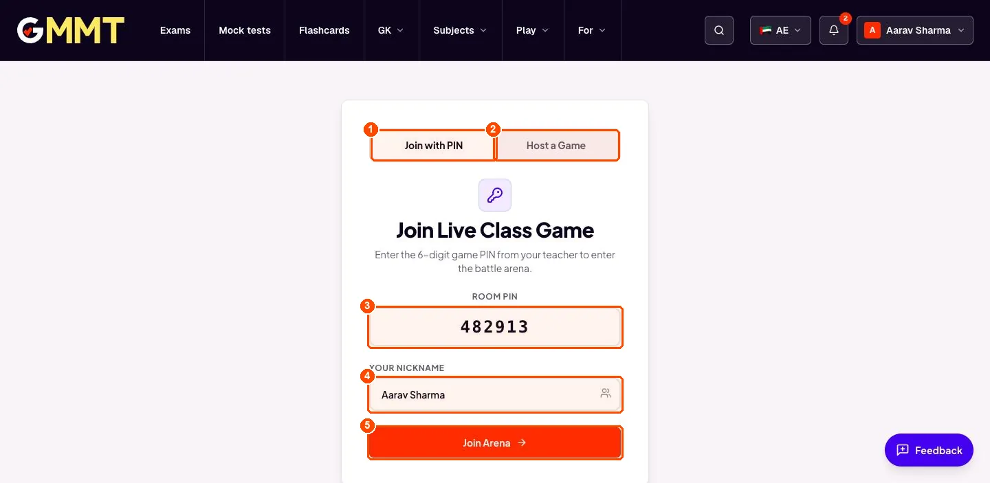 Join Live Class Game page with the PIN 482913 and a nickname typed in