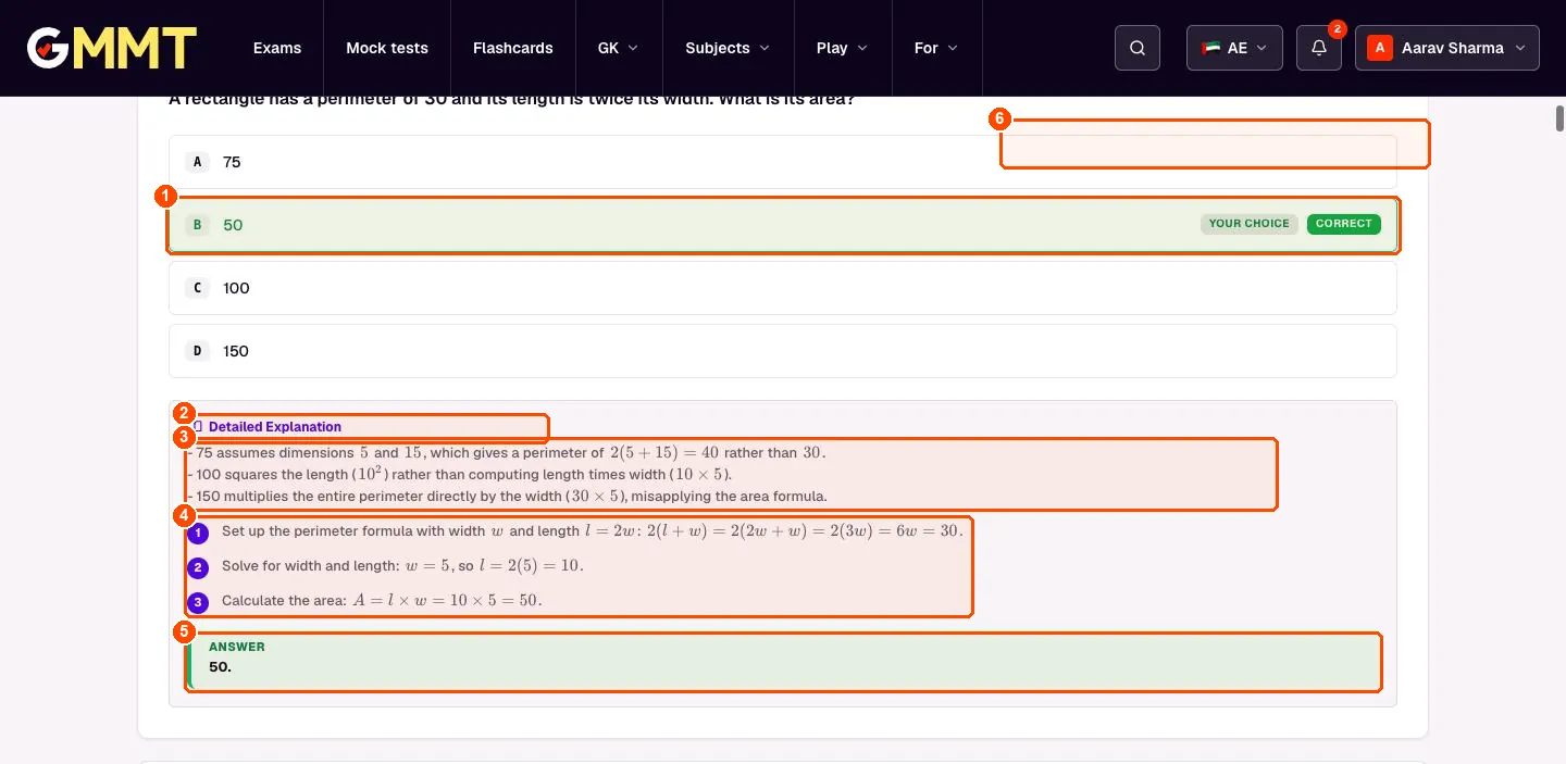 A reviewed question with the correct option in green and a detailed step-by-step explanation