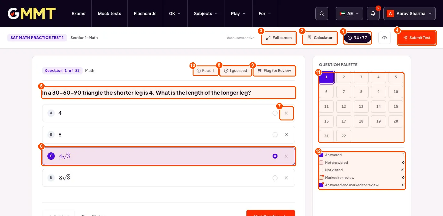 The mock test screen with a question, four answers, the timer and the question palette