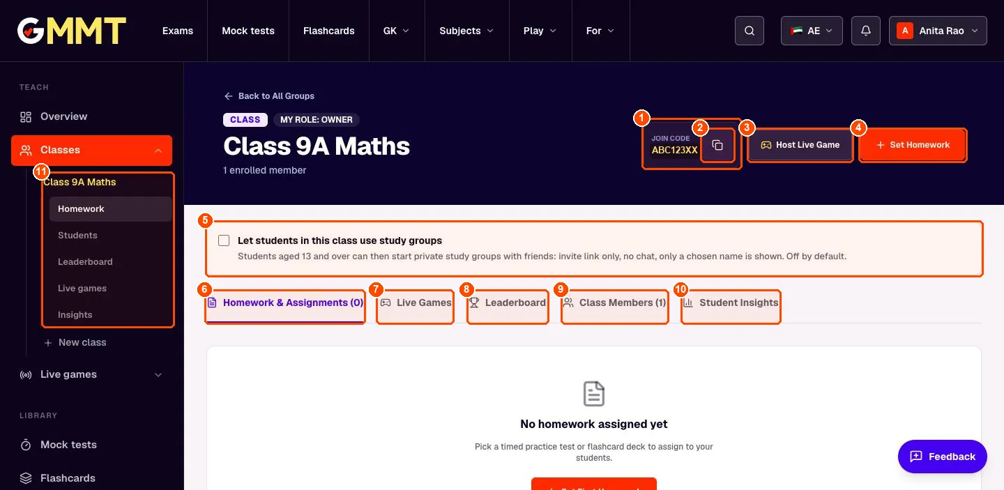Class 9A Maths page showing the join code, Host Live Game and Set Homework buttons and the class tabs