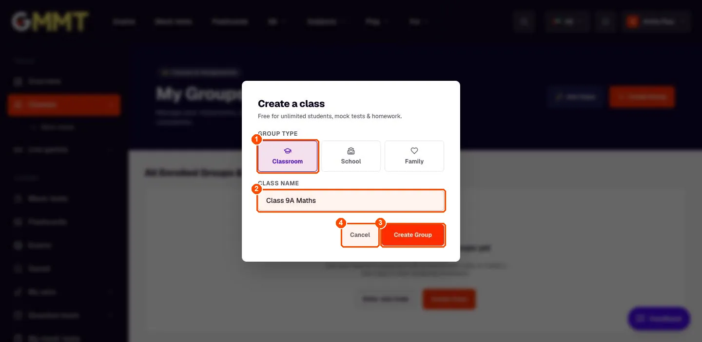 Create a class dialog with Classroom selected and the name Class 9A Maths