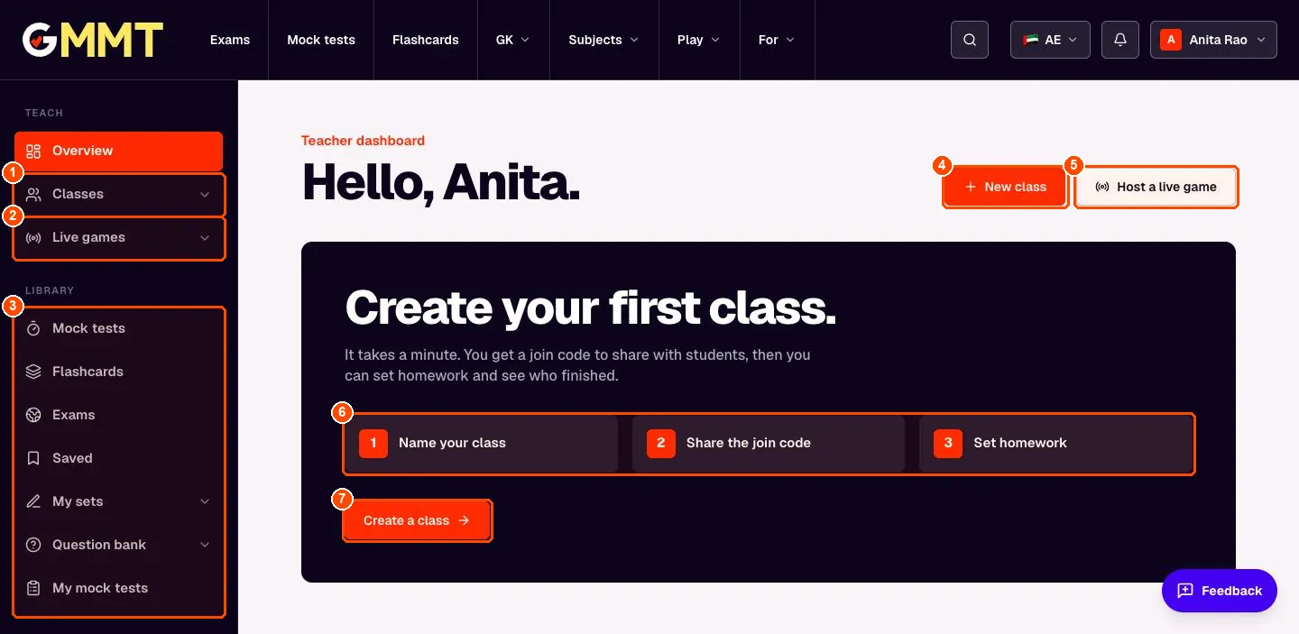 Teacher dashboard with a Create your first class panel and three steps
