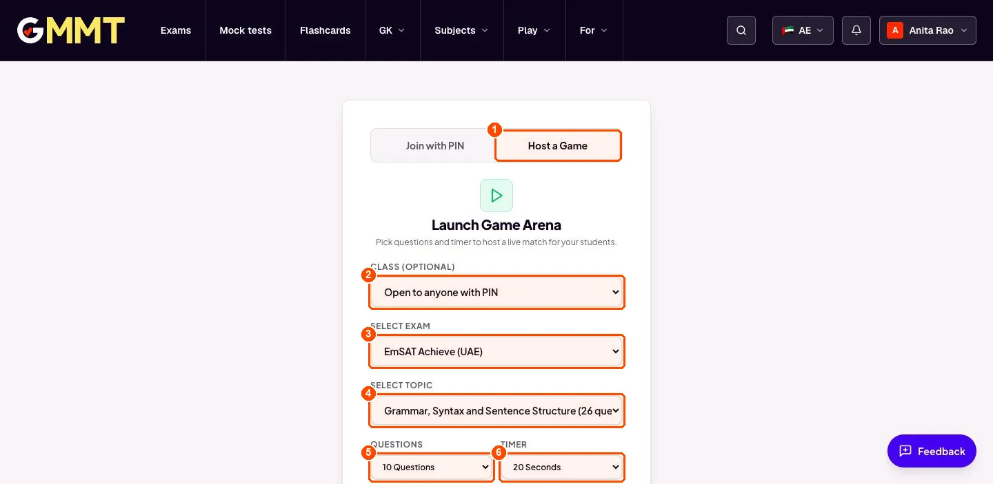 Launch Game Arena form for hosting a live game with class, exam, topic, questions and timer