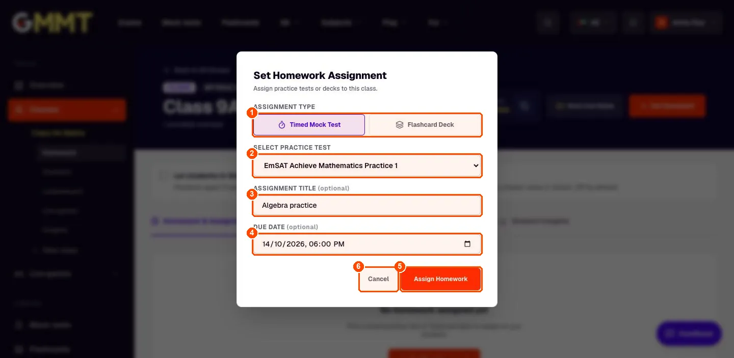 Set Homework Assignment dialog with a practice test, a title and a due date